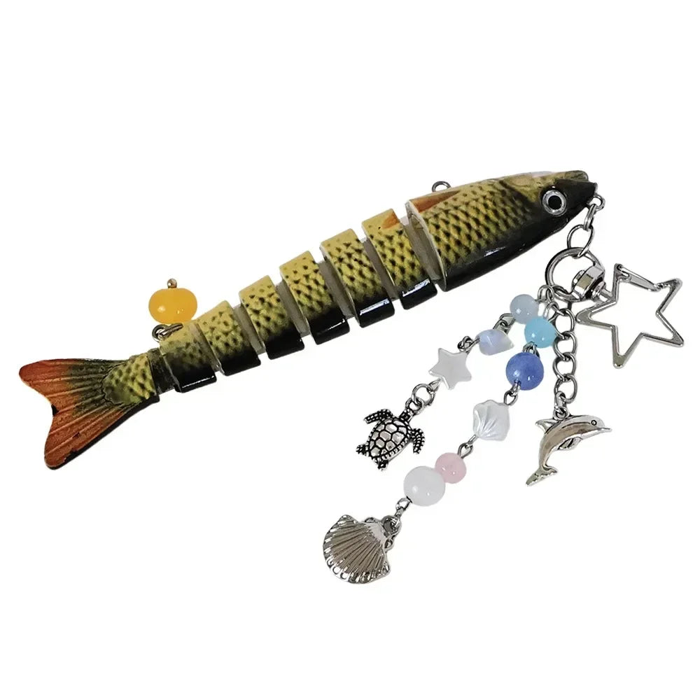 A simulation fish keychain featuring a realistic model of a fish with scales and fins.