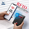 A hand holds a smartphone displaying an RFID blocking warning while a wallet is shown nearby.