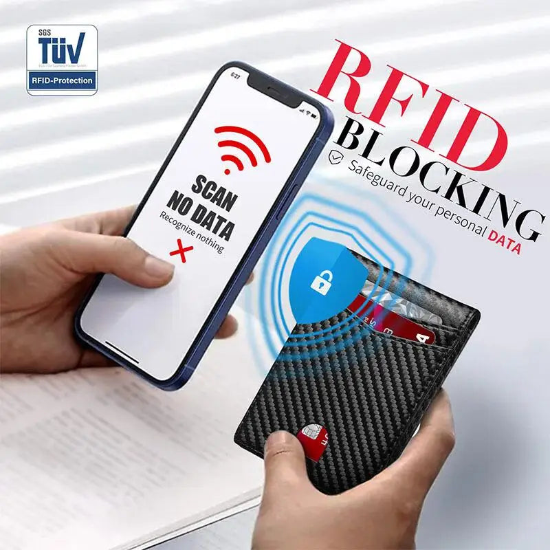 A hand holds a smartphone displaying an RFID blocking warning while a wallet is shown nearby.