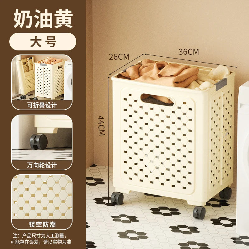 A large white foldable laundry basket with handles is shown on a floor, featuring a grid pattern and black accents.