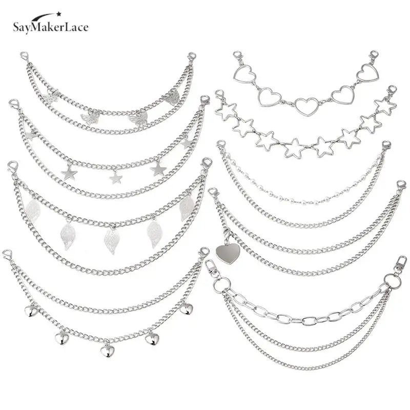 A collection of multi-layer metal chain straps and charms for bags