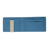 A slim blue leather bi-fold wallet featuring a metal money clip.
