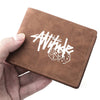 A brown PU leather wallet with white cartoon text and dice print being held by a hand.