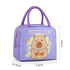 Purple insulated lunch bag featuring a cute cartoon bear design and purple fabric handles.