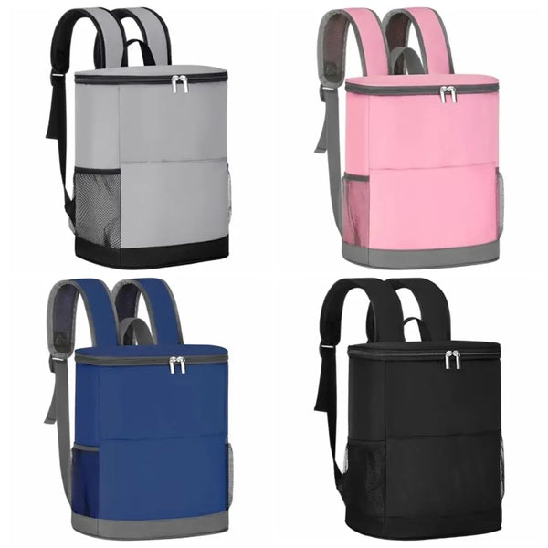 Three insulated cooler backpacks in gray, pink, and black shown from the side.