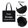 Bolso de tela negra con cremallera, con diseño personalizado y opción de bolsillo sin forro.