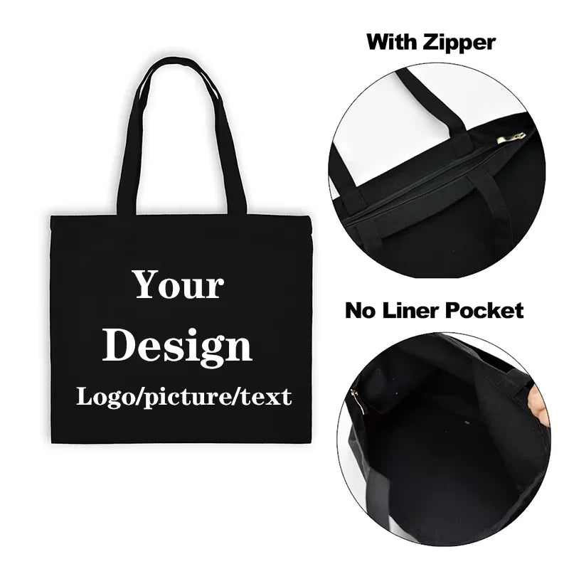 Bolso de tela negra con cremallera, con diseño personalizado y opción de bolsillo sin forro.