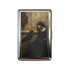 A vintage snap metal card holder featuring an antique portrait of a woman and a bird.