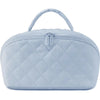 Light blue quilted lay-flat water-resistant makeup organizer bag with a handle