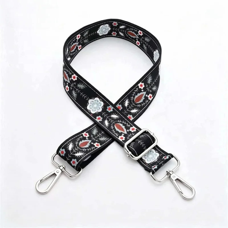 Black floral patterned adjustable crossbody strap for handbags