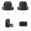 A black genuine cow leather crossbody bag shown from the front, back, side, and bottom views.