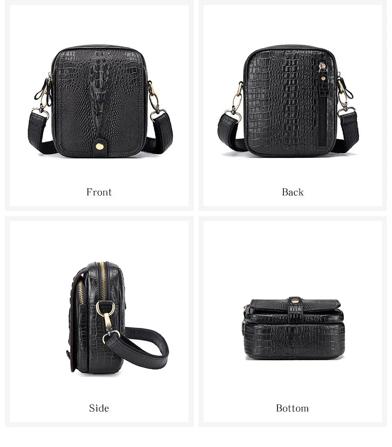 A black genuine cow leather crossbody bag shown from the front, back, side, and bottom views.