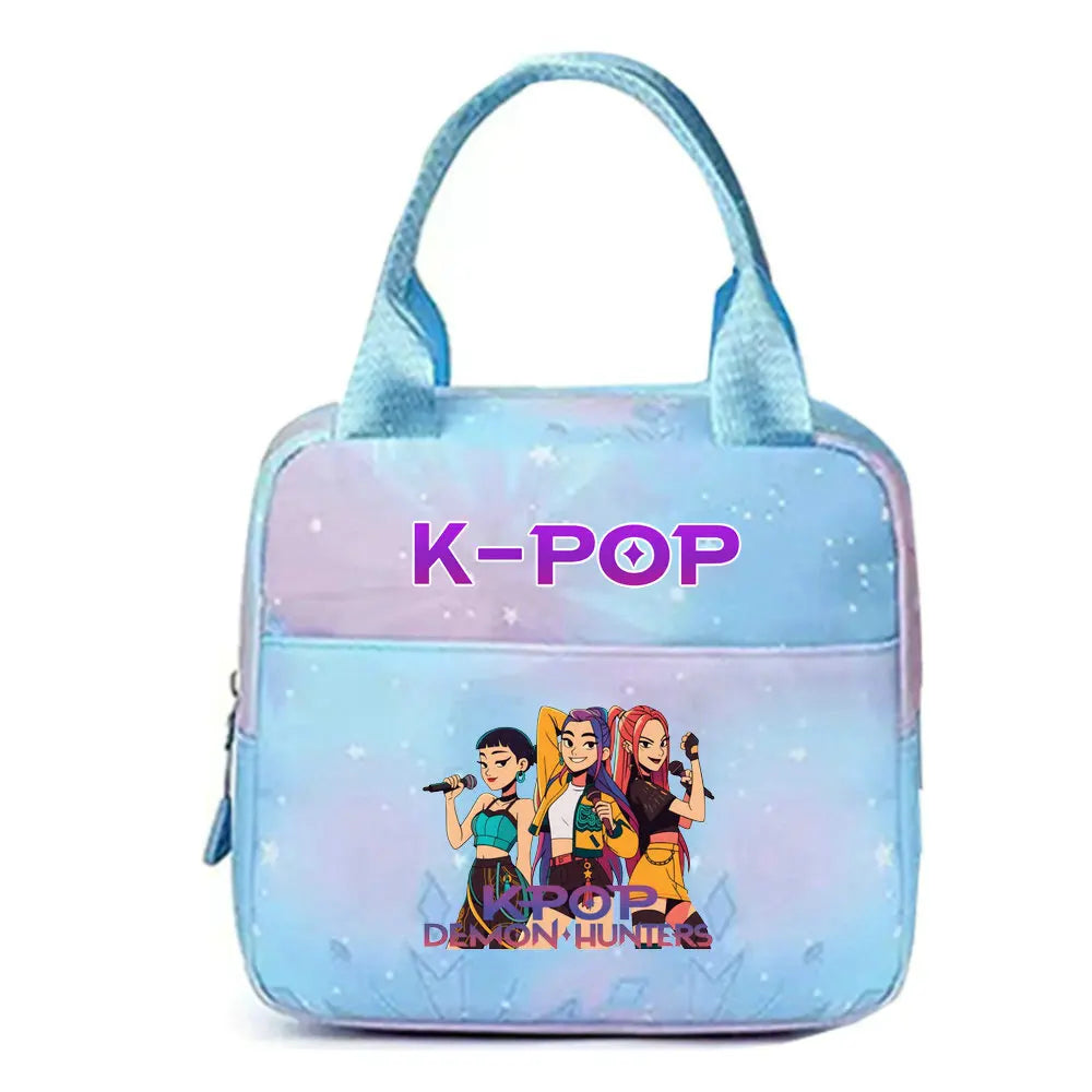 A light blue insulated backpack featuring a K-Pop theme with illustrations of female idols.