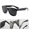A pair of black precision vision correction glasses shown from the front and side views.