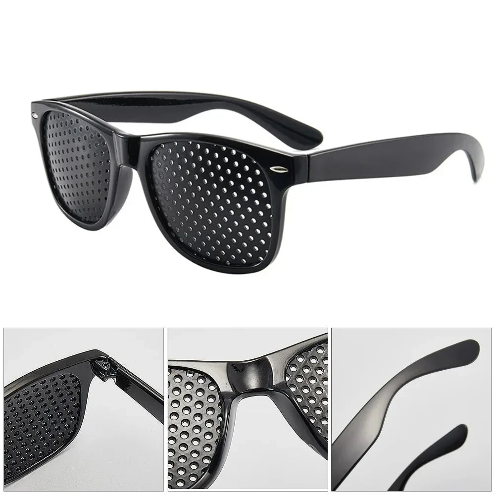 A pair of black precision vision correction glasses shown from the front and side views.