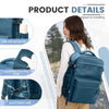 A close-up of a blue travel compression backpack showing features like side pockets, breathable shoulder straps, and a quick 