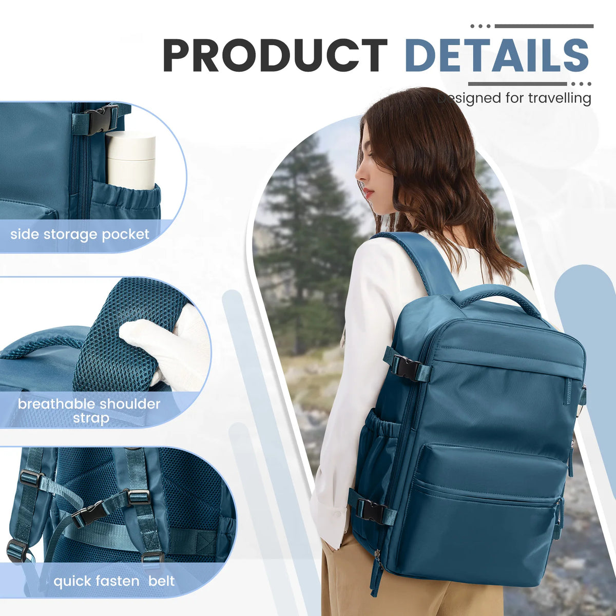 A close-up of a blue travel compression backpack showing features like side pockets, breathable shoulder straps, and a quick 