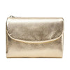 A gold-toned genuine leather mini card holder wallet with a smooth, textured finish.