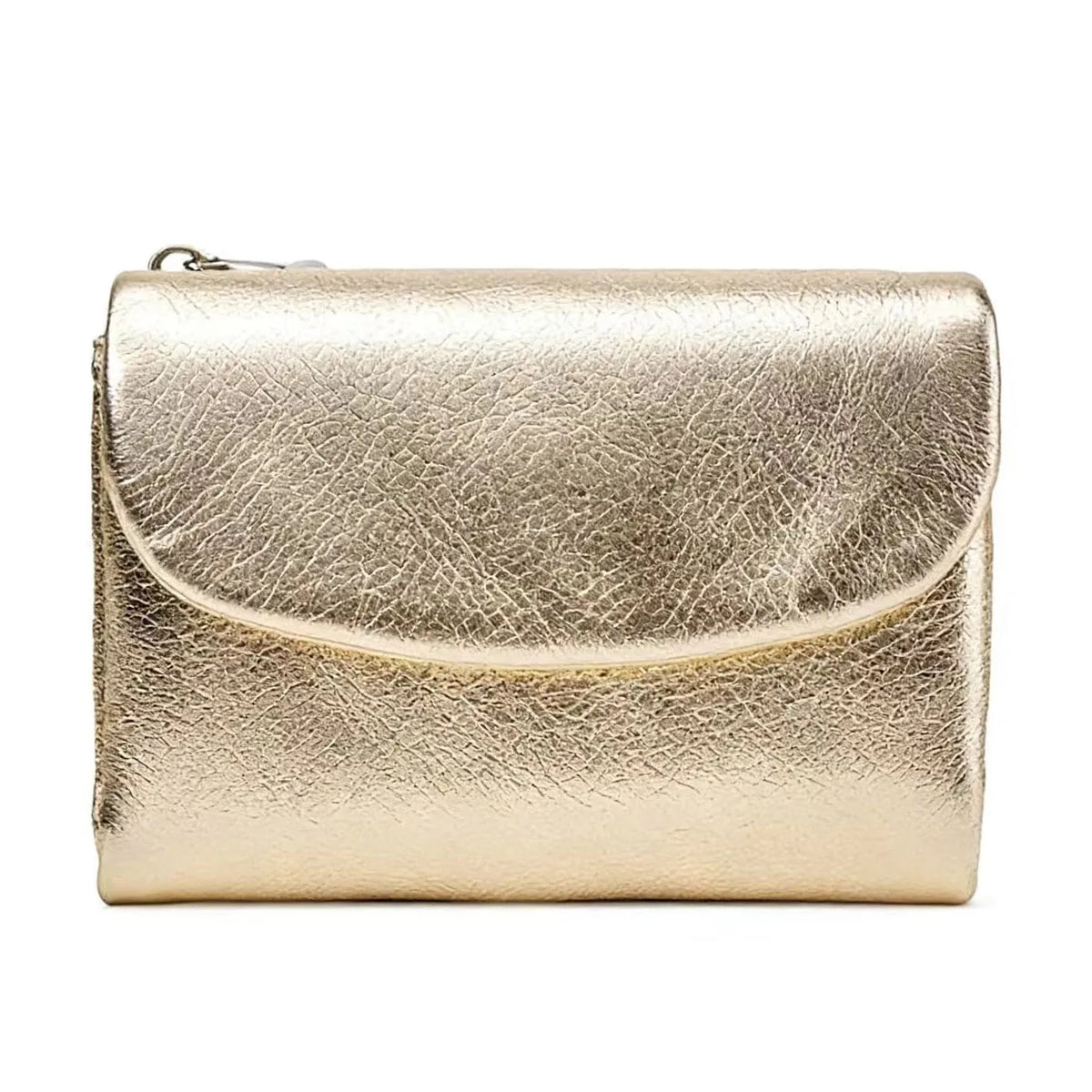 A gold-toned genuine leather mini card holder wallet with a smooth, textured finish.