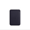 A dark blue leather wallet case designed for MagSafe compatibility.