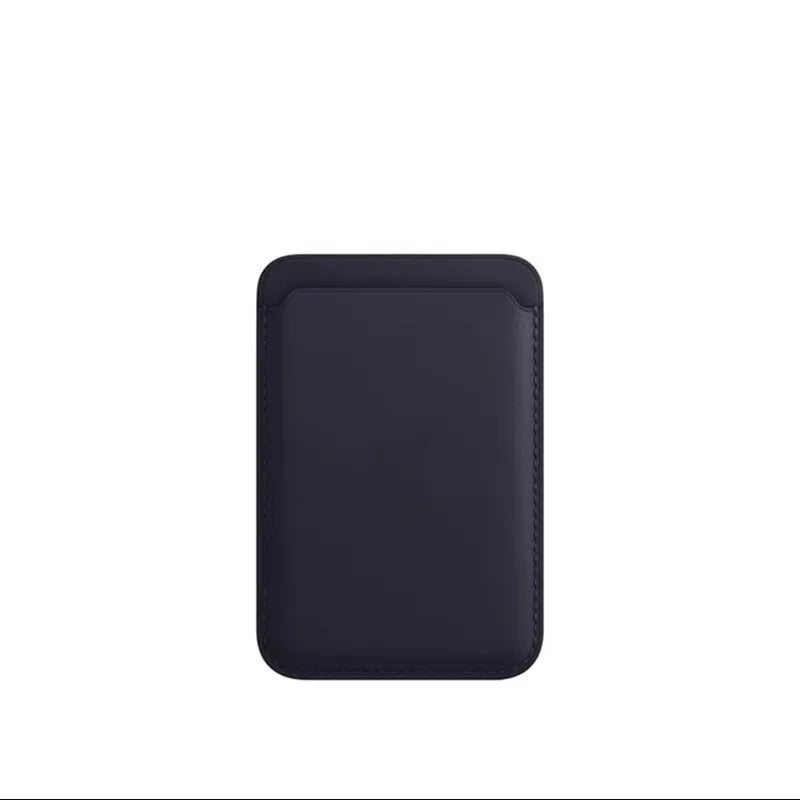 A dark blue leather wallet case designed for MagSafe compatibility.
