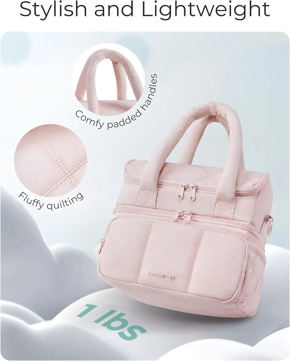 A pink quilted insulated lunch bag with padded handles is shown against a white background.