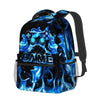 A dark blue and black backpack featuring a glowing blue flame design and a stylized game controller graphic.