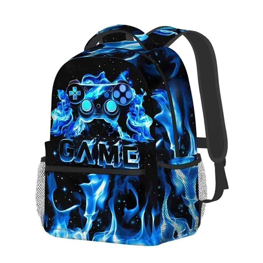 A dark blue and black backpack featuring a glowing blue flame design and a stylized game controller graphic.