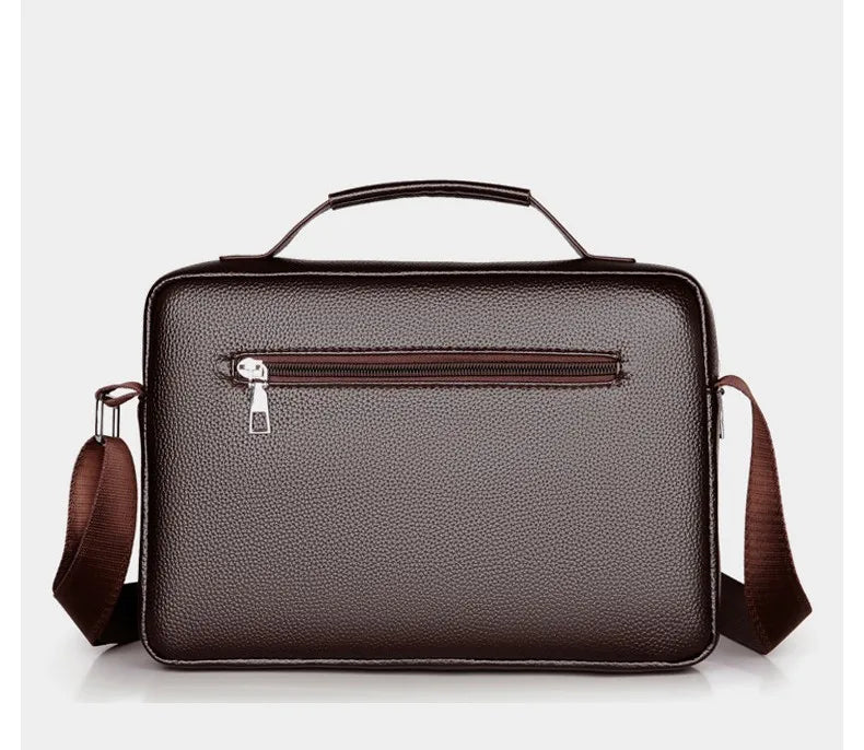 A dark brown men's PU leather crossbody shoulder bag with a top handle and leather strap.