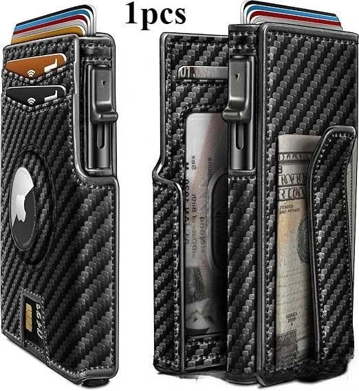 Cartera de tarjetas plegable de aluminio negra para hombre con varias tarjetas y una funda de cuero.