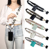 A woman models a black hands-free phone lanyard with a detachable leather wallet and multiple patterned straps.