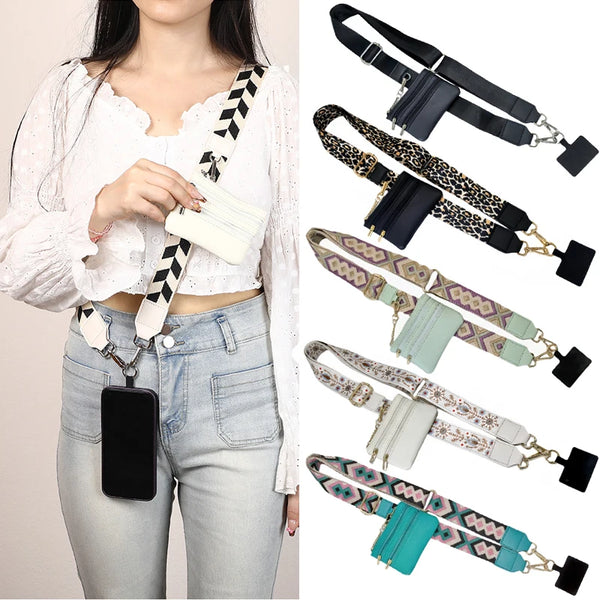 A woman models a black hands-free phone lanyard with a detachable leather wallet and multiple patterned straps.