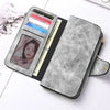 A gray faux leather zipper wallet with multiple card slots and a clear window is shown on a white background.