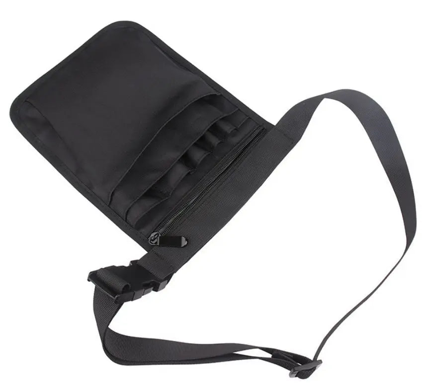 Black nurse organizer belt waist bag with multiple pockets and a strap
