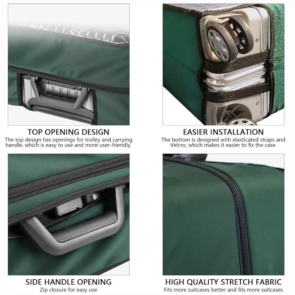 A green waterproof luggage protector cover showing various design features like top opening, easier installation, and side ha