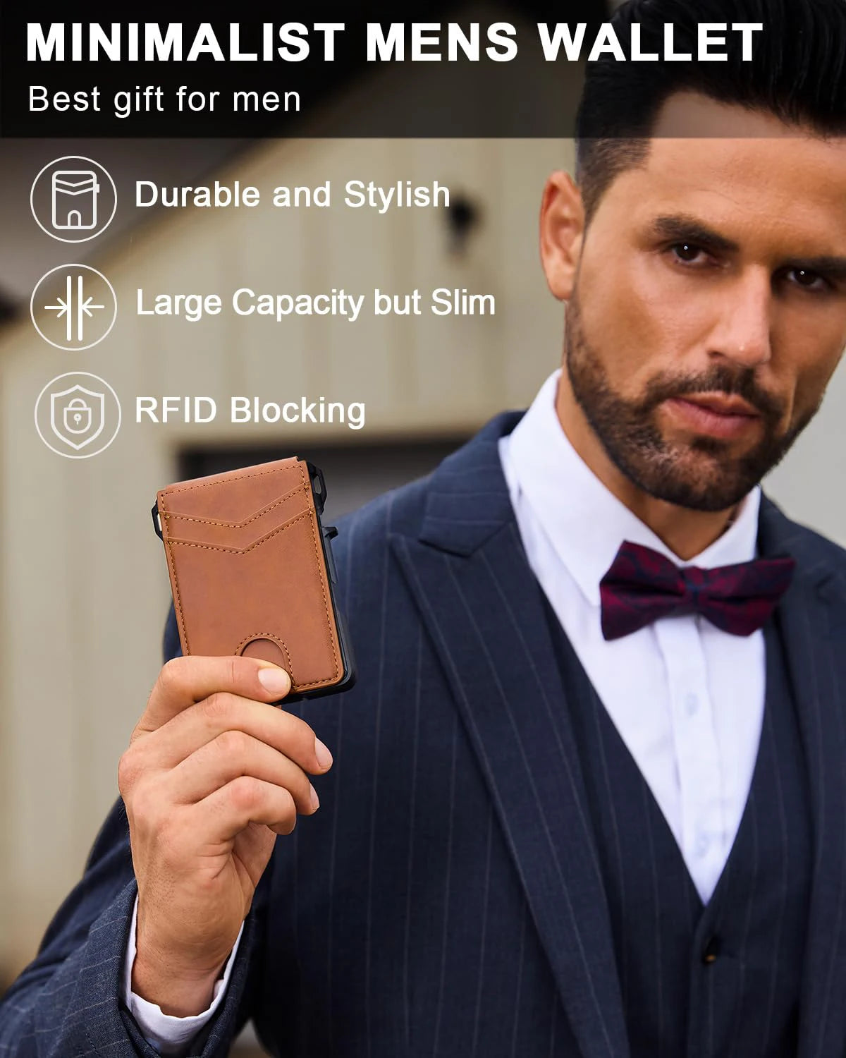 A man wearing a suit is holding a brown minimalist men's wallet with RFID blocking features.