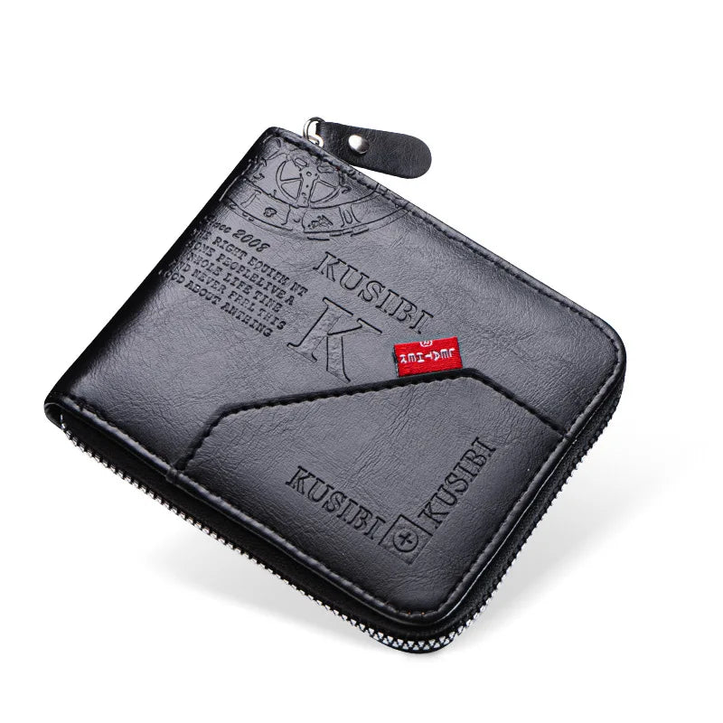 A black vintage PU leather zipper wallet with a leather strap and embossed KUSIBI branding.