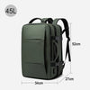 A dark olive green men's business travel backpack with black straps and buckles.