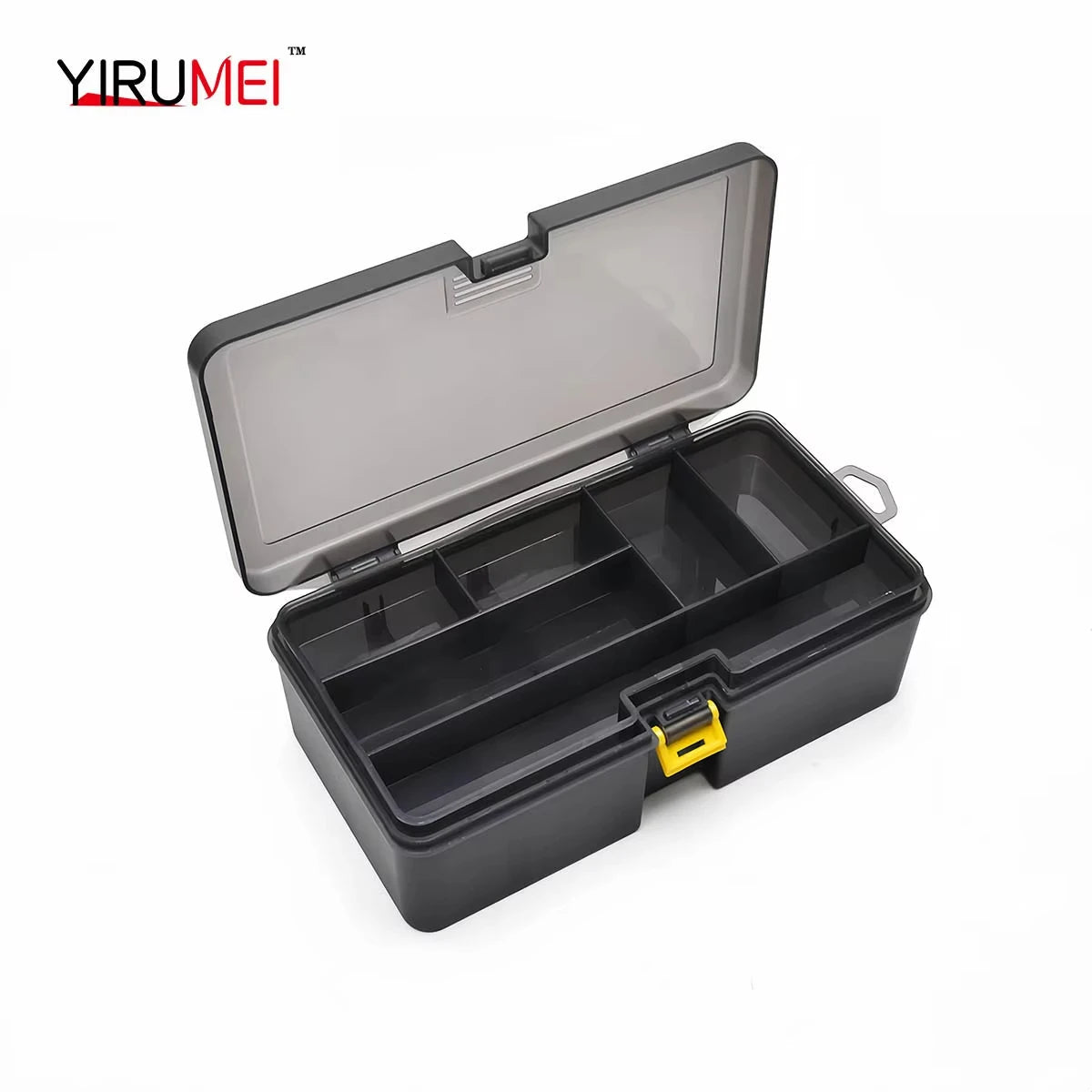 A black large capacity fishing tackle box with an open lid and yellow latch.