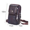 A dark brown vintage cowhide leather crossbody bag shown with dimensions and strap.