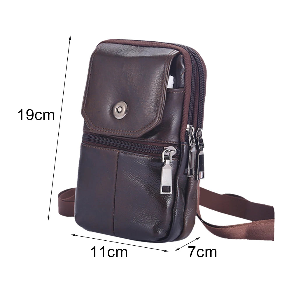 A dark brown vintage cowhide leather crossbody bag shown with dimensions and strap.