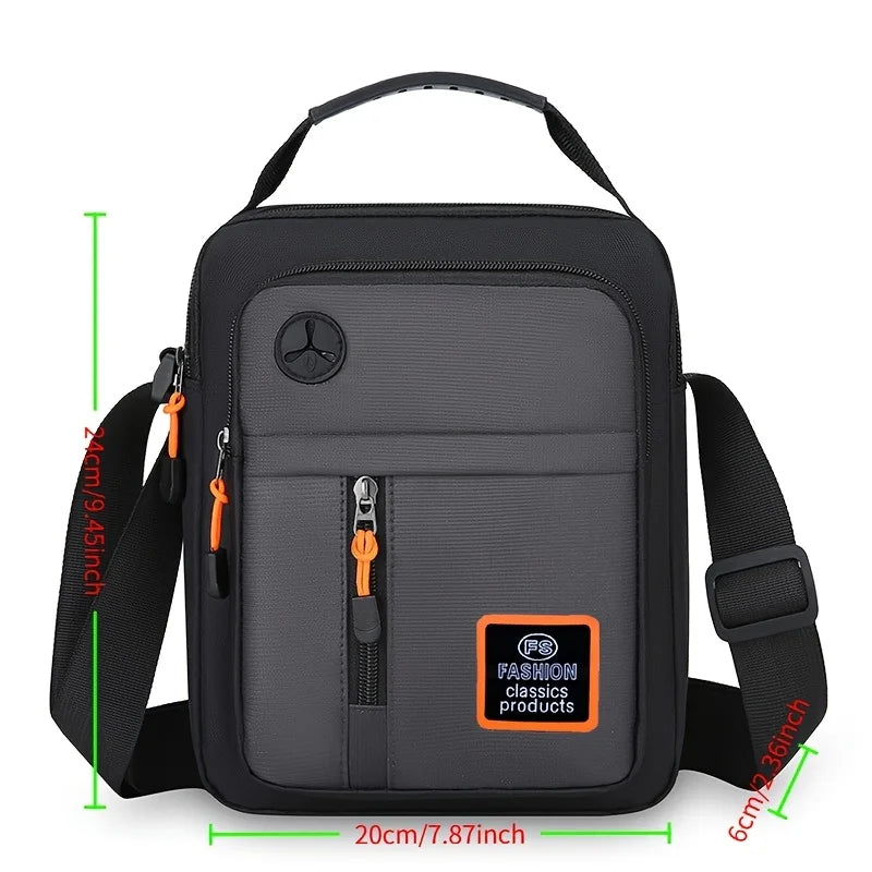 Black men's crossbody sling bag with an adjustable strap and a headphone port.