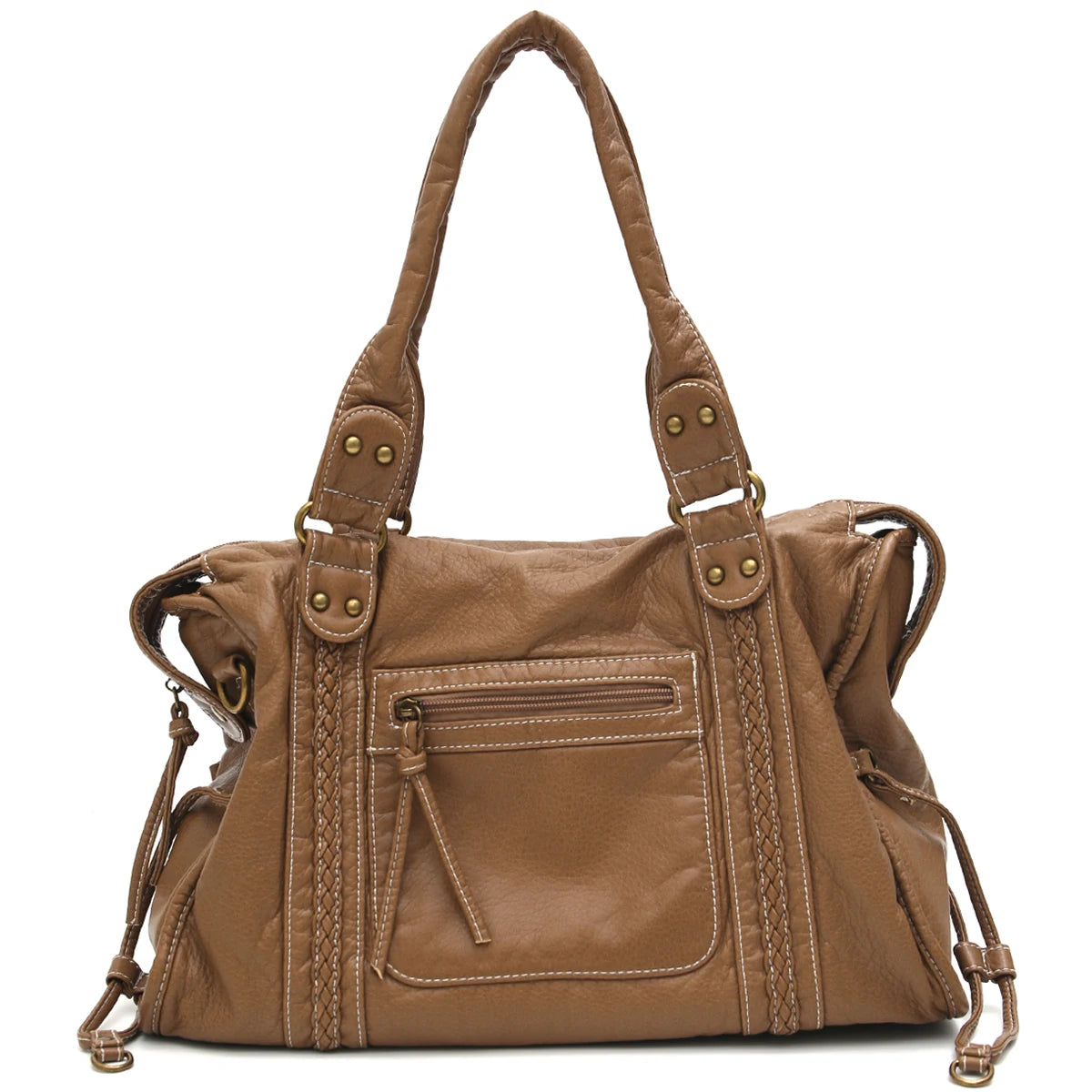 Braune Vintage-PU-Leder-Tasche mit mehreren Reißverschlusstaschen