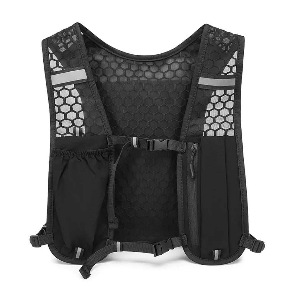 Black adjustable hydration running vest with mesh panels and storage pockets