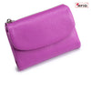 A purple genuine leather mini card holder wallet with a silver zipper.