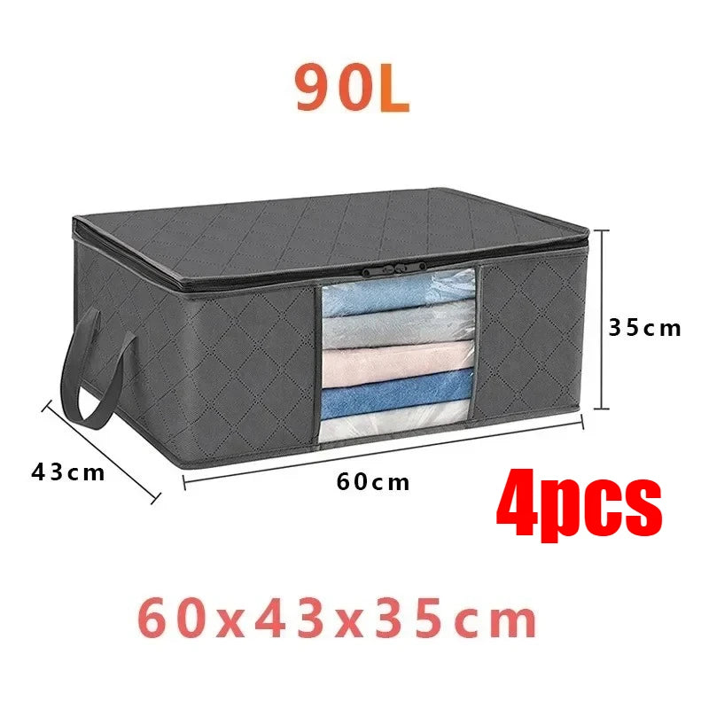 A black foldable storage bag with a lid, showing four stacked fabric bags inside.