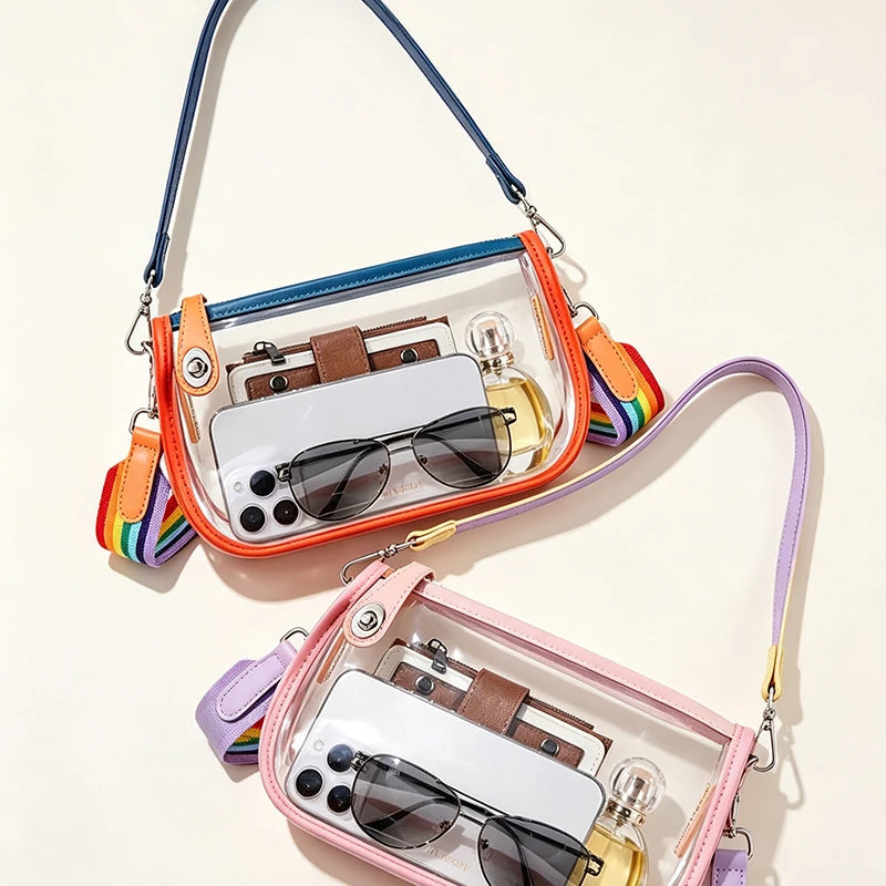 Sac à l'épaule en PVC transparent avec des accents colorés et une pochette pour lunettes et smartphone.