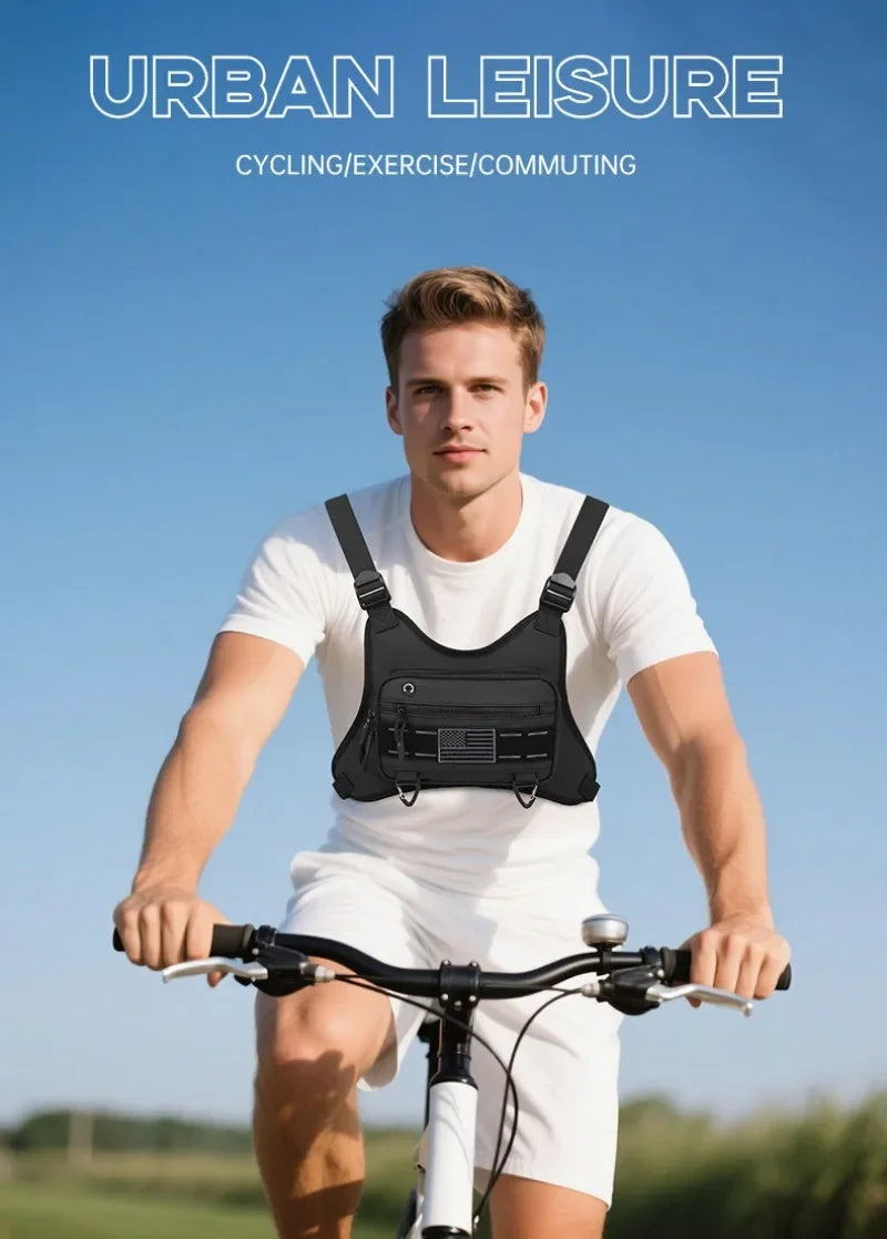 A man wearing a white shirt and shorts is riding a bicycle with a black tactical chest bag on the handlebars.