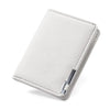 A light gray slim faux leather business card wallet shown from the top angle.