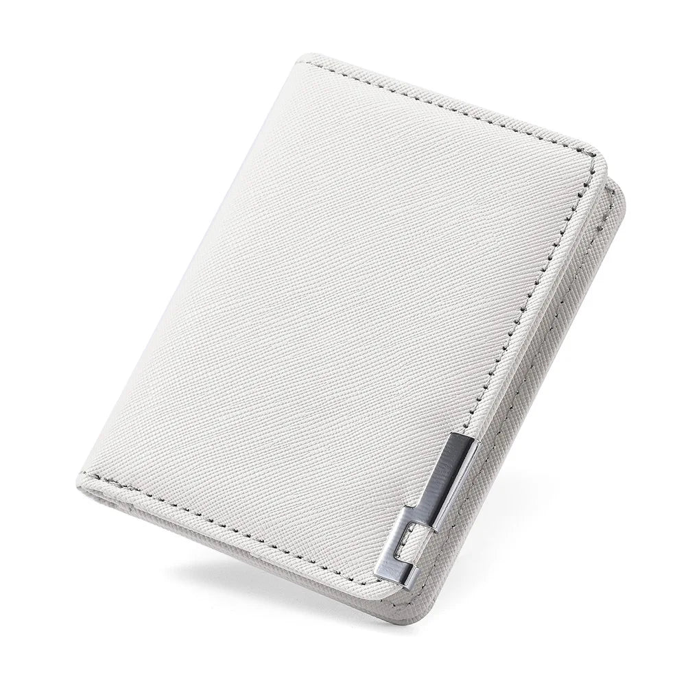 A light gray slim faux leather business card wallet shown from the top angle.